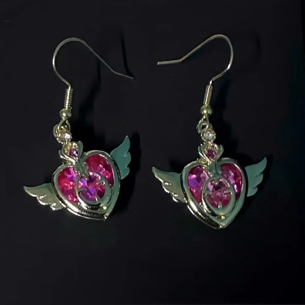 Anime Dangle Earrings Gold Plated Brass Cubic Zirconia Star Moon Heart Women - Picture 2 of 5